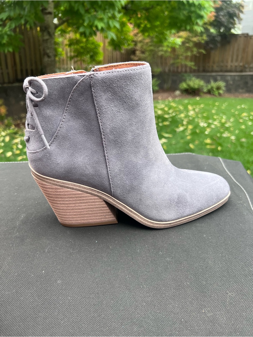 Lucky Brand Mikasi Women's Gray Suede Ankle Boot with Stacked Heel NWT Size 8